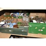 THREE BOXES AND LOOSE PICTURES, CERAMICS, GLASSWARES AND SUNDRY ITEMS, to include a brass coach