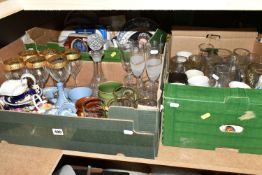 THREE BOXES AND LOOSE PICTURES, CERAMICS, GLASSWARES AND SUNDRY ITEMS, to include a brass coach
