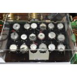 A MODERN DISPLAY CASE CONTAINING VINTAGE POCKET VOLTMETERS makers include Brevete Sifam, Sutra