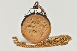 A FULL SOVEREIGN COIN IN A 9CT GOLD MOUNT, a full sovereign depicting George and the Dragon 1968,