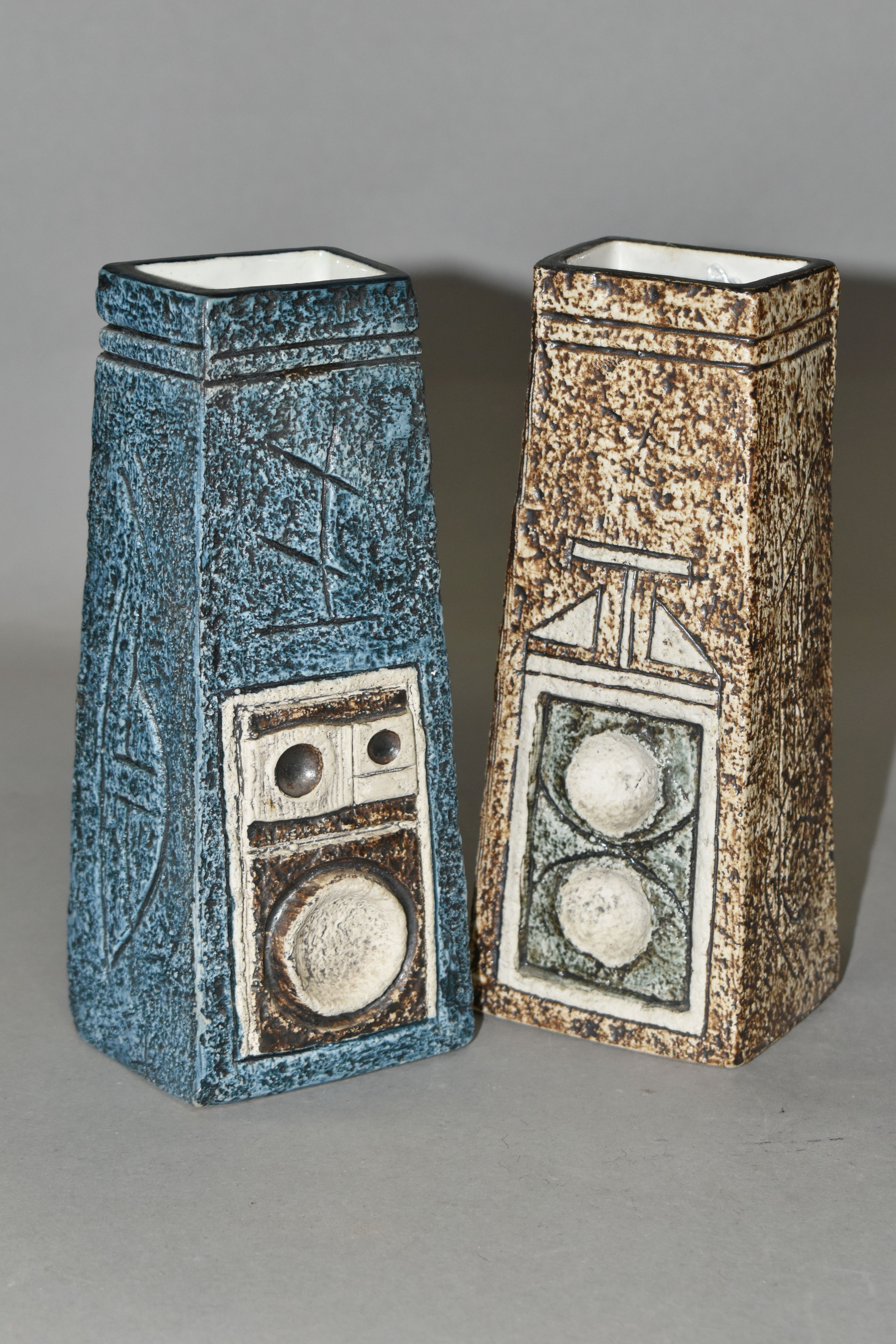 TWO TROIKA POTTERY COFFIN VASES, in shades of blue, grey and brown, with impressed and incised - Image 3 of 7