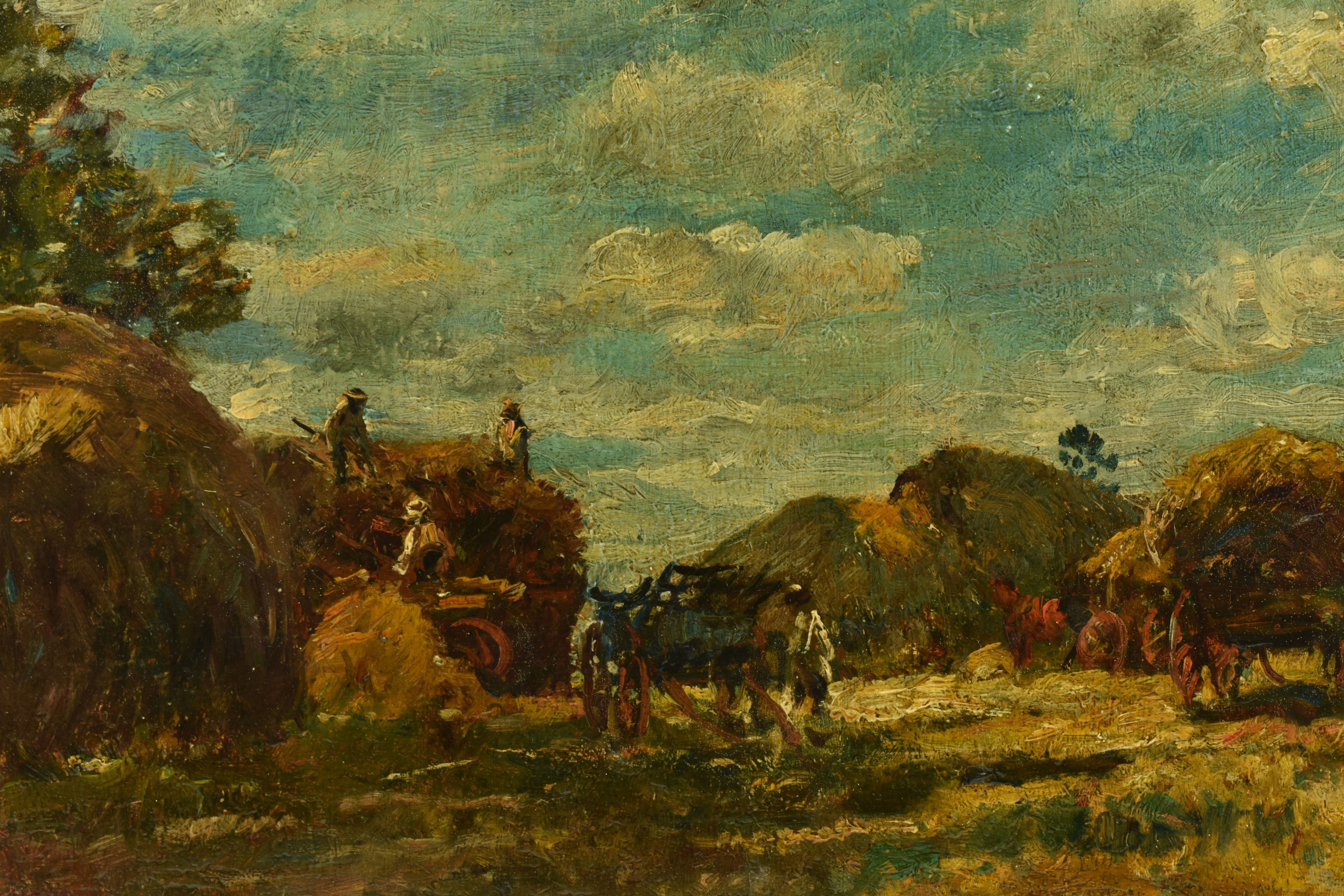 CIRCLE OF MARK FISHER (1841-1923) 'HAYSTACKS, WIDDINGTON, ESSEX', a harvesting scene with figures - Image 7 of 9