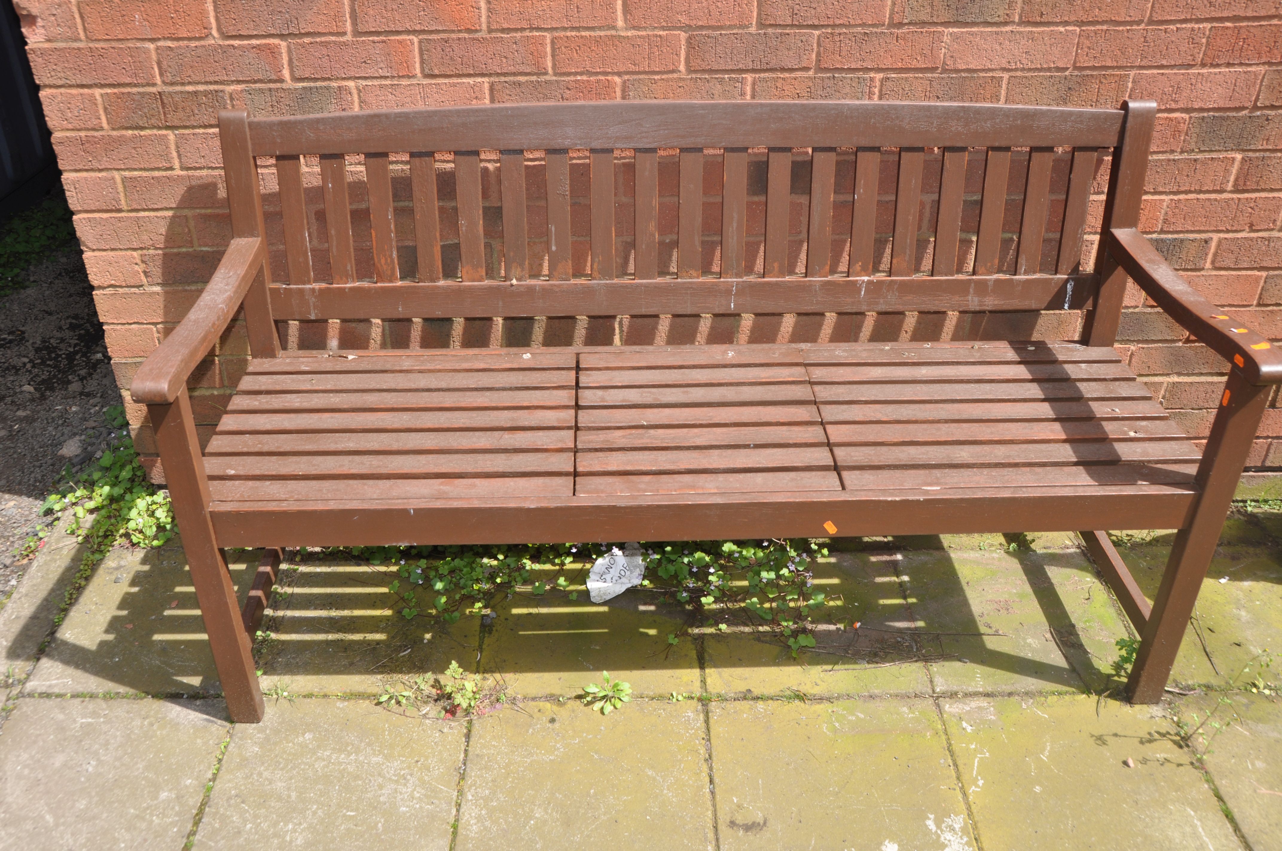 A WOODEN SLATTED GARDEN BENCH with a centre pop up table, length 160cm (condition:-centre table - Image 2 of 3