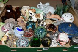 ONE BOX OF CERAMICS AND GLASS PAPERWEIGHTS, to include three Mdina glass paperweights, a limited
