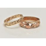 TWO 9CT GOLD BAND RINGS, the first a yellow gold Welsh Celtic foliage design ring, approximate width