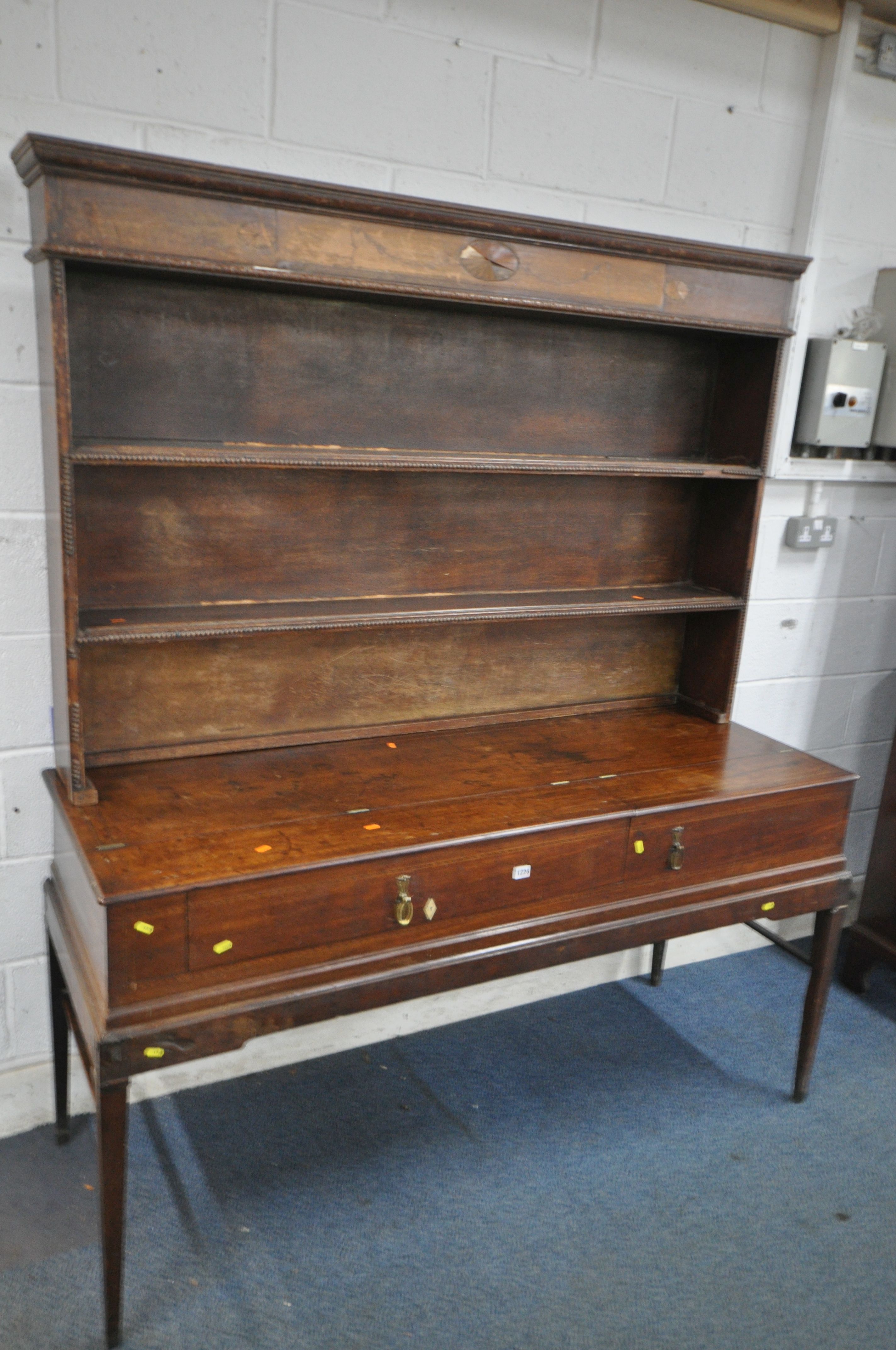 A PART GEORGIAN MAHOGANY AND INLAID PIANOFORTE/DRESSER, the later plate rack top on a pianoforte