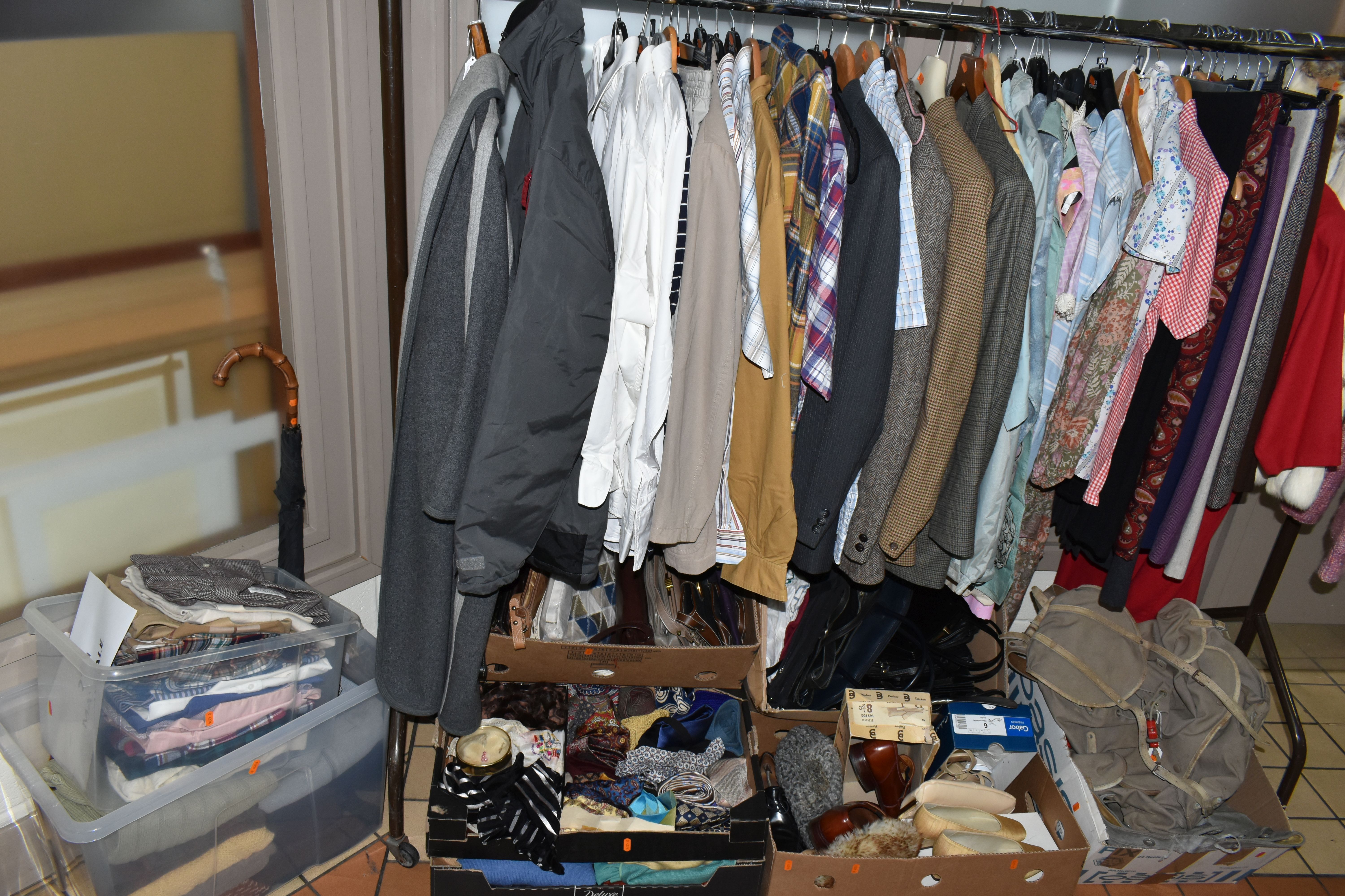 EIGHT BOXES AND LOOSE CLOTHING, to include a men's Daks wool suit, a Harris Meyer Saddle Master
