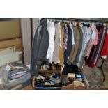 EIGHT BOXES AND LOOSE CLOTHING, to include a men's Daks wool suit, a Harris Meyer Saddle Master