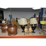 LAMPS AND BRASS WARES ETC comprising a pair of toleware lamps, a brass column oil lamp with