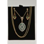 A 9CT GOLD EMERALD AND DIAMOND CLUSTER PENDANT NECKLACE AND A PAIR OF EARRINGS, the pendant set with