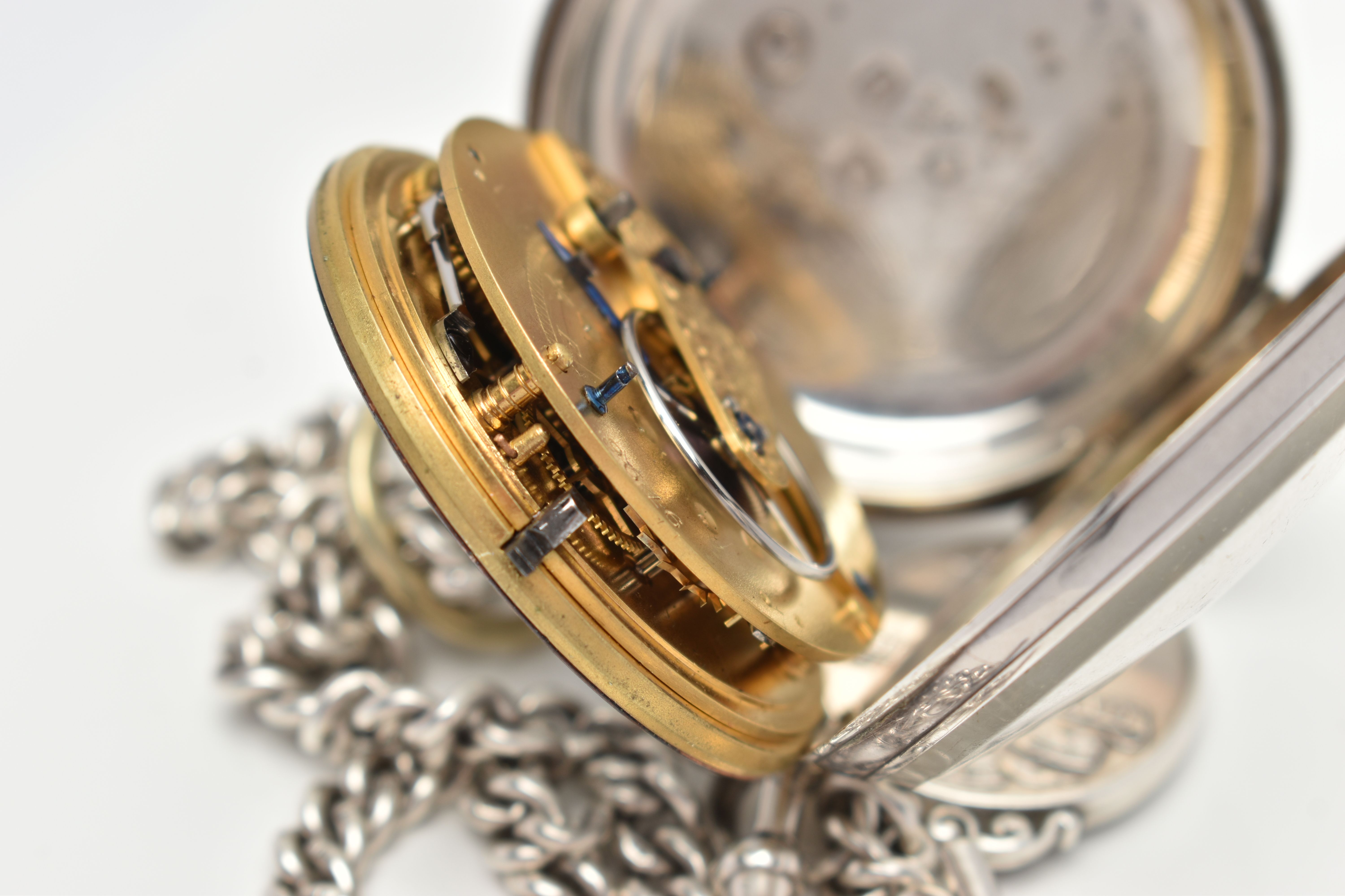 A LATE VICTORIAN SILVER OPEN FACE POCKET WATCH AND AN ALBERT CHAIN, key wound, round white dial, - Image 6 of 7