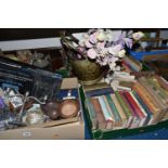 SIX BOXES AND LOOSE BOOKS, VINTAGE TINS, METALWARES AND SUNDRY ITEMS, to include sixty books