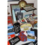 A BOX AND LOOSE RAILWAYANA, ETC, including five cast iron and aluminium plaques, two fibreglass name