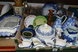 TWO BOXES OF CERAMICS, to include a large Mason's blue and white 'Vista' patterned vase/planter with