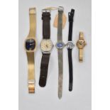 AN ASSORTMENT OF FIVE WATCHES, to include a ladys 'Orfina' cocktail wristwatch, a ladys 'Bentima'