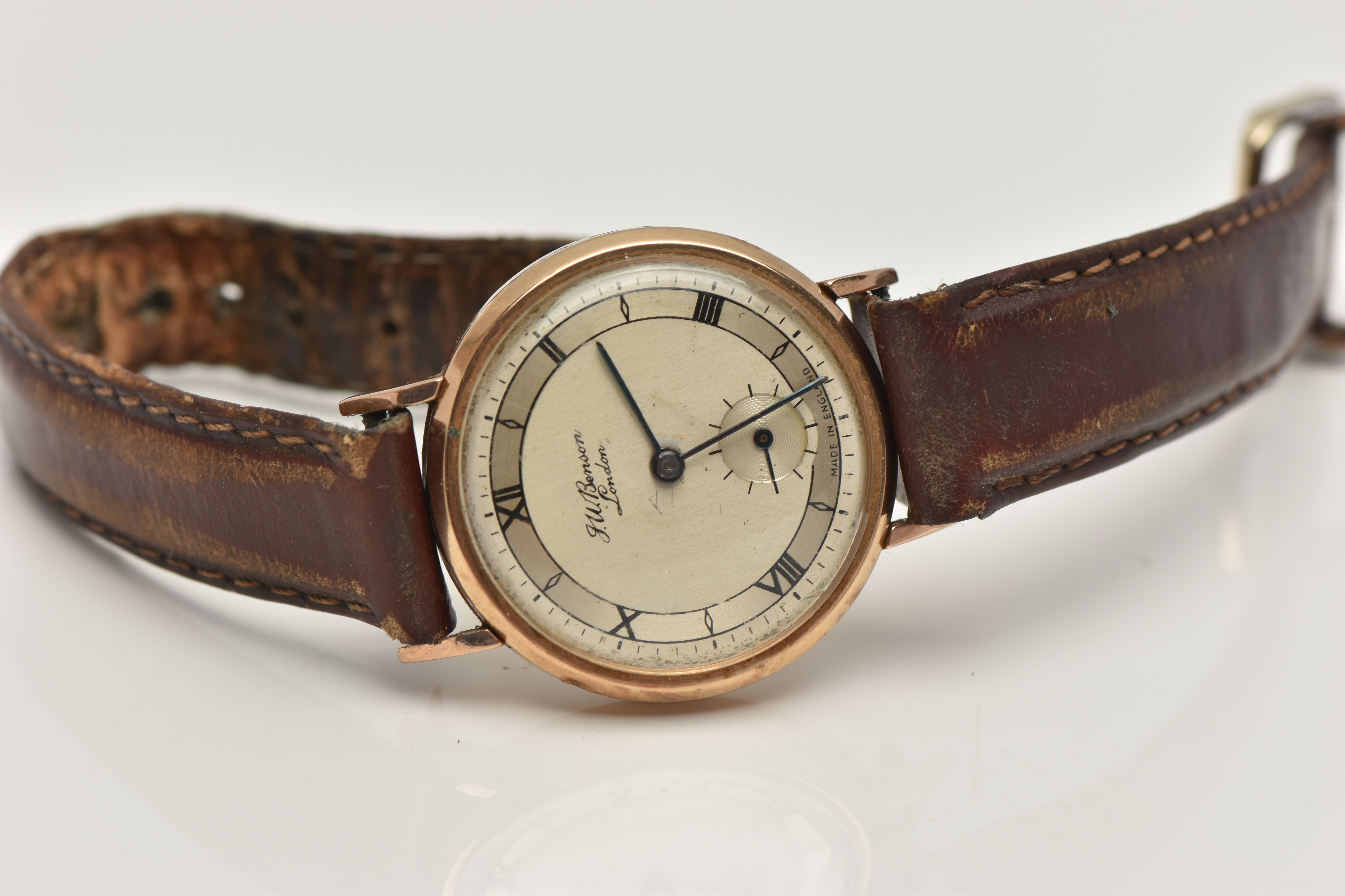 A GENTS 9CT GOLD 'J.W.BENSON' WRISTWATCH, manual wind (missing crown), round silvered dial signed ' - Bild 4 aus 6