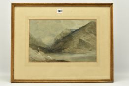 CIRCLE OF GEORGE JONES (1786-1869) 'SNOWDON', a Welsh water landscape with a figure carrying a