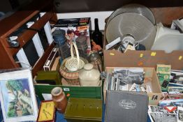 THREE BOXES AND LOOSE LIGHT TABLE, POSTCARDS AND SUNDRY ITEMS, to include a small light table/box,