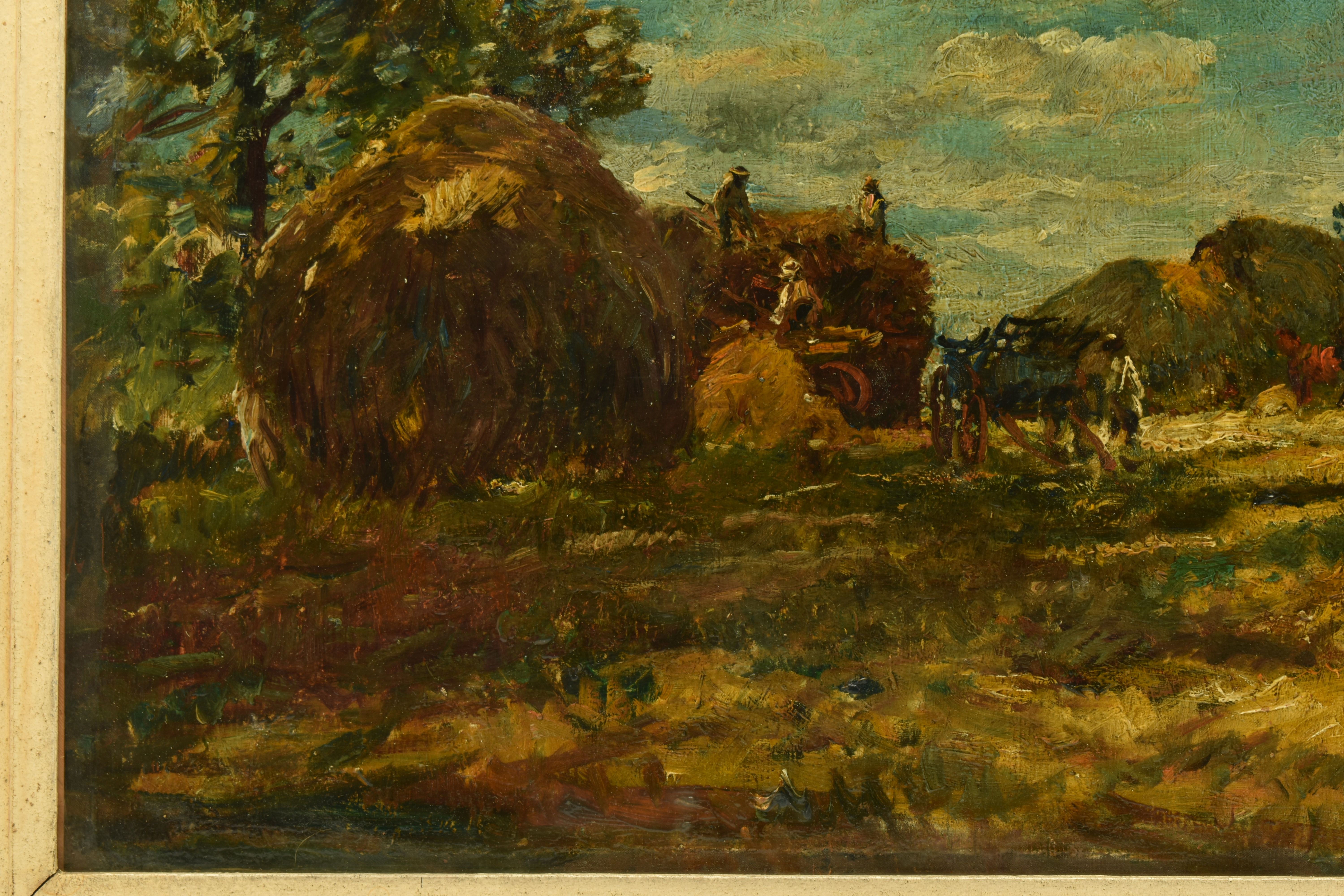 CIRCLE OF MARK FISHER (1841-1923) 'HAYSTACKS, WIDDINGTON, ESSEX', a harvesting scene with figures - Image 6 of 9