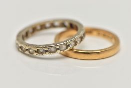 A 22CT GOLD BAND RING AND ANOTHER RING, polished thin band approximate width 2.4mm, hallmarked