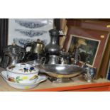 A GROUP OF METALWARES, PICTURES AND CERAMICS, to include an Elkington Plate serving dish, varied