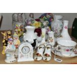 A GROUP OF CERAMIC ORNAMENTS, comprising a Royal Crown Derby 'Chatsworth' pattern tea cup and