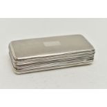 A GEORGE IV SILVER SNUFF BOX OF RECTANGULAR FORM, engine turned exterior with vacant cartouche, gilt