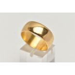 A WIDE 22CT GOLD BAND RING, polished wide band, approximate band width 8.9mm, hallmarked 22ct