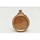 A LADYS YELLOW METAL OPEN FACE POCKET WATCH, manual wind, round floral detailed gold dial, Roman
