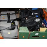 A BOX AND LOOSE MOSTLY MINOLTA CAMERAS AND EQUIPMENT including 2 Dynax 4 film SLR cameras with a