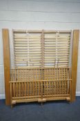 AN ERCOL ELM 5FT BEDSTEAD, with side rails, two bed bases, and bolts (condition:-good condition)