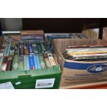 TWO BOXES OF VHS CASSETTES ON VINTAGE STEAM AND RAILWAYS AND A BOX OF RECORDS, forty four VHS