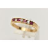 AN 18CT GOLD DIAMOND AND RUBY BAND RING, three round brilliant cut diamonds interspaced with four