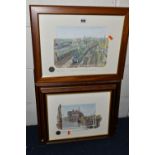 ROGER CLARKE (CONTEMPORARY) FIVE TRAIN THEMED HAND COLOURED ILLUSTRATIONS, each depicting steam