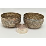 TWO LATE 19TH CENTURY INDIAN WHITE METAL BOWLS AND A MODERN SILVER PLATE ON COPPER TRINKET BOX,