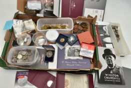 A LARGE CARDBOARD BOX OF MIXED COINAGE, to include a Winson Churchill 24ct Ten Pounds gold proof