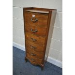 A TALL REPRODUCTION FRENCH CHERRYWOOD SERPINTINE CHEST OF SIX DRAWERS, with a gallery top, brass