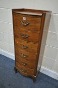 A TALL REPRODUCTION FRENCH CHERRYWOOD SERPINTINE CHEST OF SIX DRAWERS, with a gallery top, brass