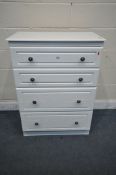 A MODERN WHITE FINISH CHEST OF FOUR DRAWERS, width 77cm x depth 39cm x height 105cm (condition:-some
