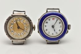 TWO EARLY 20TH CENTURY SILVER WATCH HEADS, the first with blue enamel detail, hallmarked London