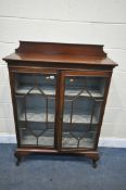 A MAHOGANY ASTRAGAL GLAZED TWO DOOR BOOKCASE, enclosing two fixed shelves, on cabriole legs, width