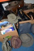 THREE BOXES AND LOOSE LUGGAGE, RECORDS, BAGS AND HATS, to include two vintage brown suitcases, a