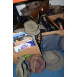 THREE BOXES AND LOOSE LUGGAGE, RECORDS, BAGS AND HATS, to include two vintage brown suitcases, a