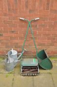 A QUALCAST PANTHER 30DL PETROL CYLINDER LAWNMOWER, with grass box, along with two aluminium watering