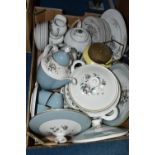 A BOX OF TEA AND DINNER WARES ETC, comprising Royal Doulton 'Rose Elegans' tureens, covered