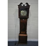 A GEORGIAN OAK, MAHOGANY AND CROSSBANDED 30 HOUR LONGCASE CLOCK, the hood with a swan pediment and