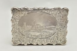 A VICTORIAN SILVER ENGRAVED 'CASTLE TOP' CARD CASE OF OSBORNE HOUSE BY NATHANIEL MILLS, of wavy