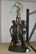 A REPRODUCTION BRONZE FINISH FIGURAL TABLE LAMP, modelled as two classical females holding a