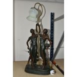 A REPRODUCTION BRONZE FINISH FIGURAL TABLE LAMP, modelled as two classical females holding a