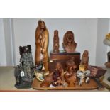 A COLLECTION OF WOODEN CARVINGS OF NATIVE AMERICANS, ORIENTAL FIGURES AND OTHER TREEN, ETC,